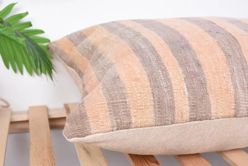 Cushion Case, Vintage Throw Pillow Sham, Ethnical Kilim Rug Pillow, 20x28 Beige Pillow, Handmade Kilim Cushion, Turkish Pillow - 6