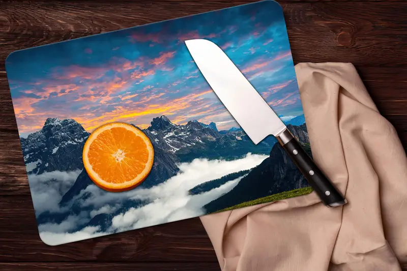 サンセットドロミテガラスまな板、強化、滑り止め足