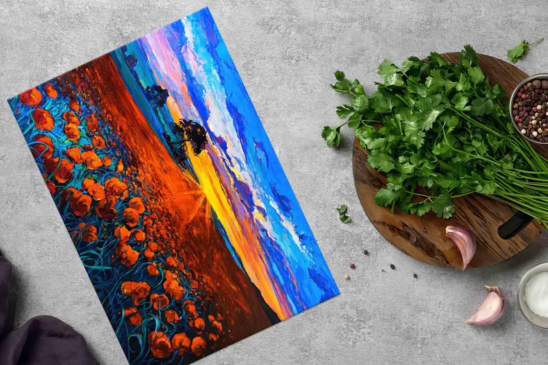 滑り止め足付き夕日の風景ガラスまな板