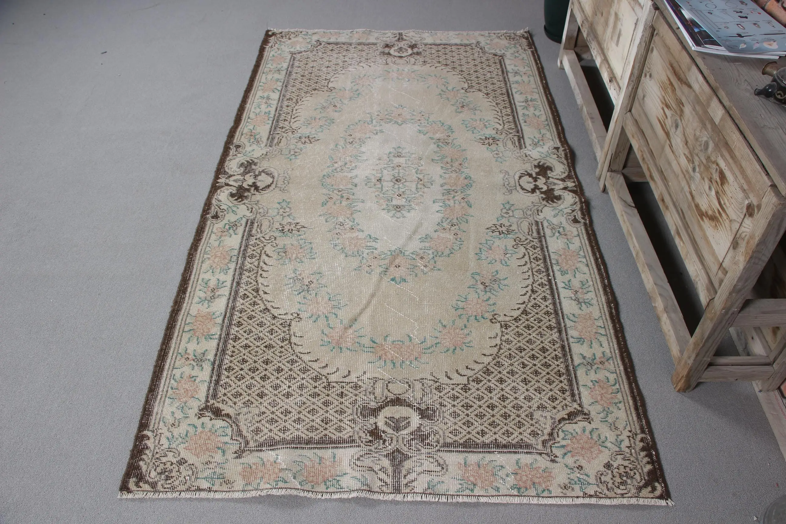 Vintage Rug, Area 3.8x6.9 ft Rug, Brown Check Rug - 1