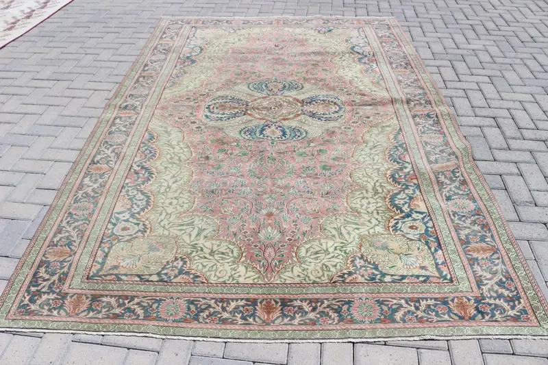 6.4x9.4 ft Türk Oushak Halısı, Vintage Halı, Mavi Kareli Yün Halı - 1