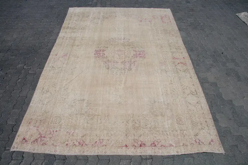 7.4x10.9 ft Turkish Oushak Rug, Vintage Rug, White Plants & trees Wool Rug - 1