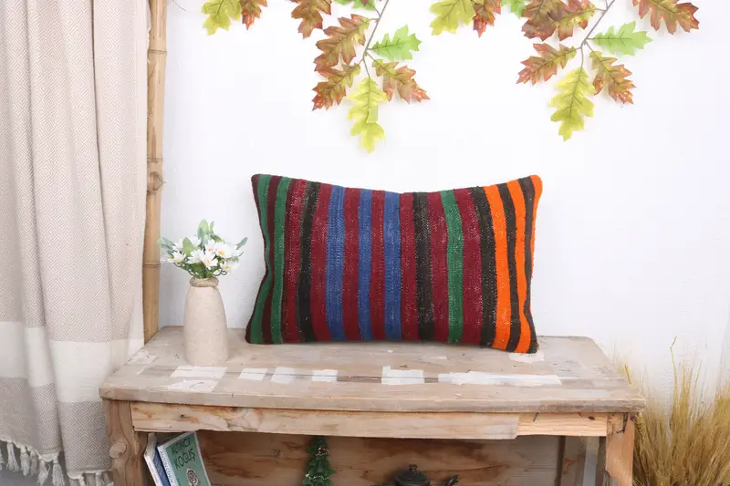 Pillow Case, Home Decor Pillow, Ethnical Kilim Rug Pillow, Throw Kilim Pillow, Handwoven Pillow Case, 12x20 Blue Cushion Cover - 1