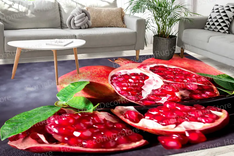 レッドの抽象プリントラグ: モダンなキッチンとダイニングのアクセント