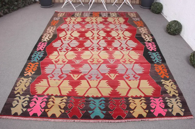 Alfombra hecha a mano en rojo y verde, 20 x 250 cm con lunares