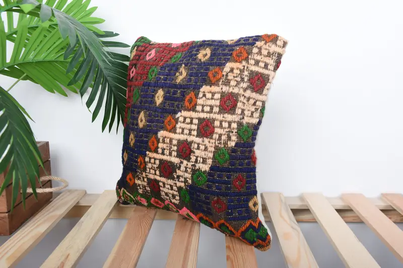 Vintage Kilim Throw Pillow, 14x14 Blue Pillow Cover, Ethnical Kilim Rug Pillow, Home Decor Pillow, Turkish Rugs Pillow, Pillow - 5