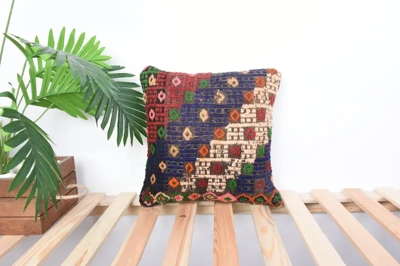 Vintage Kilim Throw Pillow, 14x14 Blue Pillow Cover, Ethnical Kilim Rug Pillow, Home Decor Pillow, Turkish Rugs Pillow, Pillow - 1