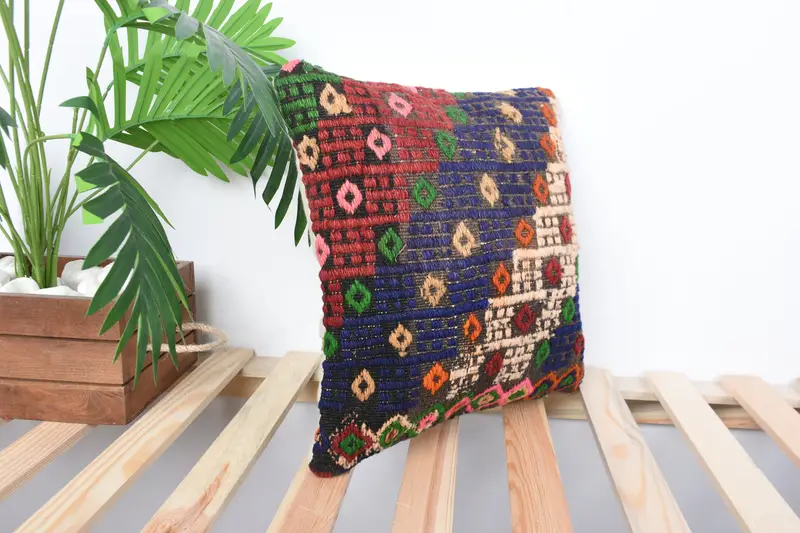 Vintage Kilim Throw Pillow, 14x14 Blue Pillow Cover, Ethnical Kilim Rug Pillow, Home Decor Pillow, Turkish Rugs Pillow, Pillow - 4
