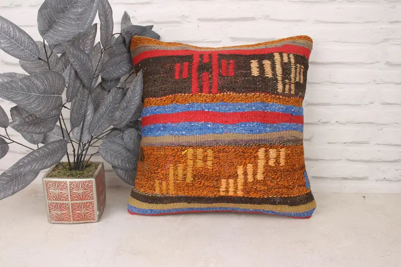 Pillow for Couch, Vintage Kilim Pillow, Customized Cushion, Home Decor Pillow, 18x18 Blue Cushion, Cushion, Handmade Rug Seat Pillow - 1