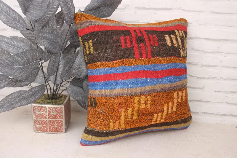 Pillow for Couch, Vintage Kilim Pillow, Customized Cushion, Home Decor Pillow, 18x18 Blue Cushion, Cushion, Handmade Rug Seat Pillow - 3