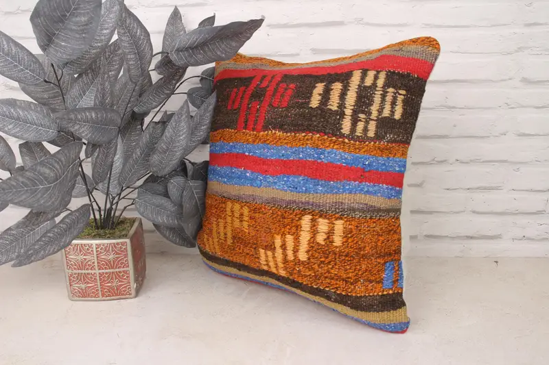 Pillow for Couch, Vintage Kilim Pillow, Customized Cushion, Home Decor Pillow, 18x18 Blue Cushion, Cushion, Handmade Rug Seat Pillow - 4