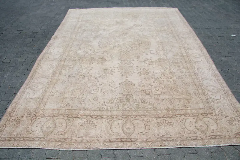 Alfombra vintage de gran tamaño, alfombra turca de 8,4x11,5 pies, alfombra de lana Oushak marrón - 1