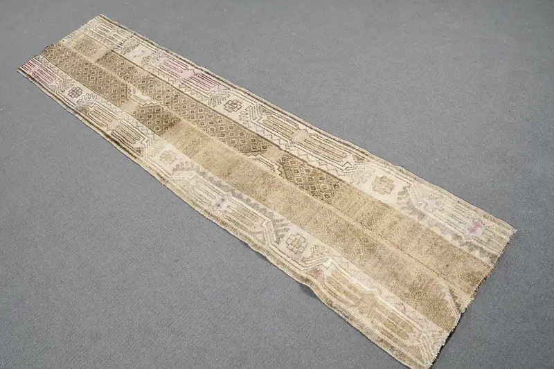 Turkish Oushak Rug 1.8x7.4 ft (54x226 cm), Brown Striped Vintage Rug - 1