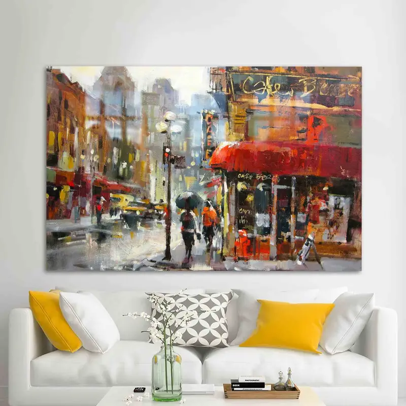 エレガントなプリントガラス：都会のカフェのためのモダンな街並み