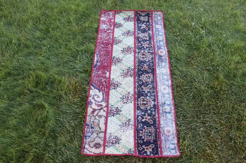 1.9x4.5 ft Vintage Rug, Turkish Small Rug, Blue Red Oriental Rug - 1