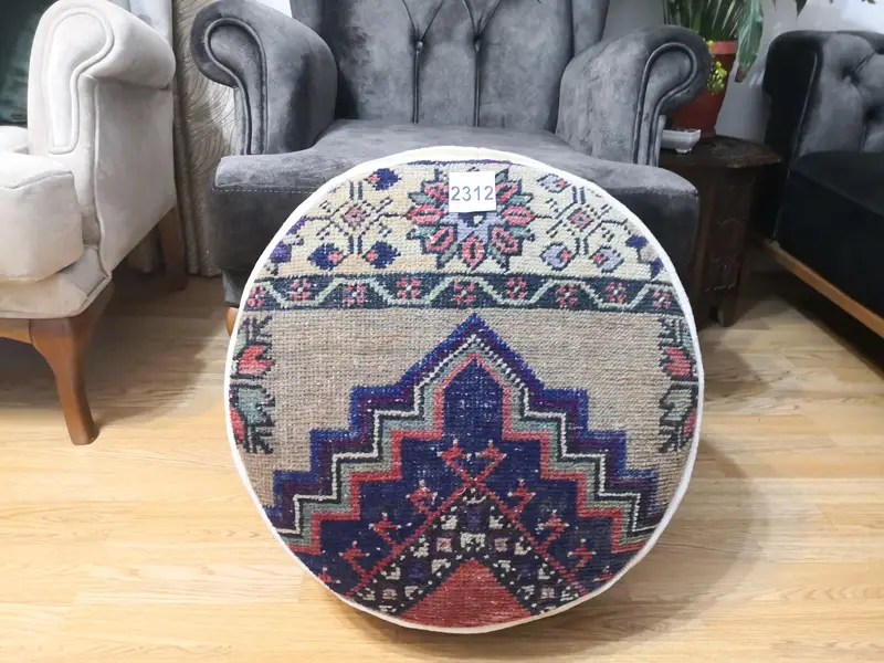 手作りキリム風ブルー＆レッドプーフ、長方形オットマンプーフ