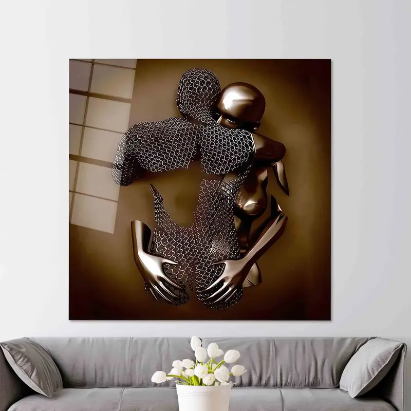 ロマンチックな寝室用のエレガントな 3D メタリック シルバー カップル キャンバス プリント