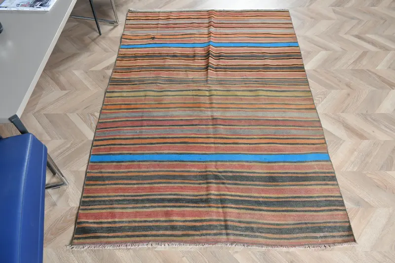Turuncu ve Siyah Kareli Halı, 3,9x6,1 ft Şık Dekor