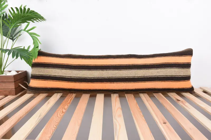 Cushion Case, Vintage Kilim Pillow, Farmhouse Cushion, 12x43 Orange Cushion Case, Turkish Pillow, Home Decor Pillow, Retro Throw Pillow Case - 1