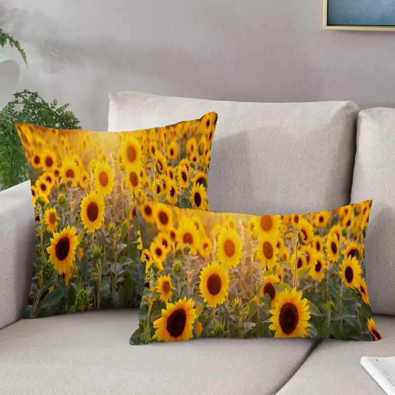 Almohada impresa en amarillo de campo de girasol para decoración de granja