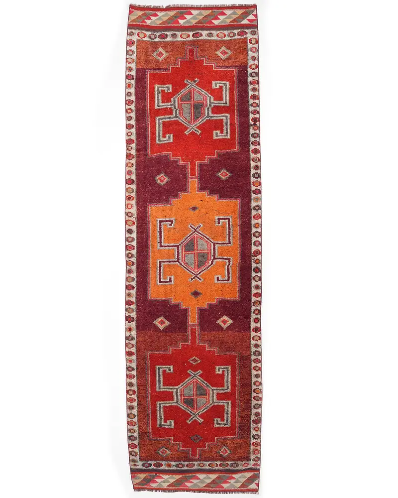 Roter, orangefarbener Blumenteppich, 3,1 x 11,1 Fuß, schickes Dekor