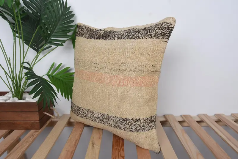 Vintage Kilim Yastığı, 20x20 Bej Yastık Örtüsü, Kanepe Yastığı Kılıfı, Boho Yastığı, Yastık Sahibi, Bahçe Yastığı Kapağı, Boho Yastık Sahibi Kapak - 5