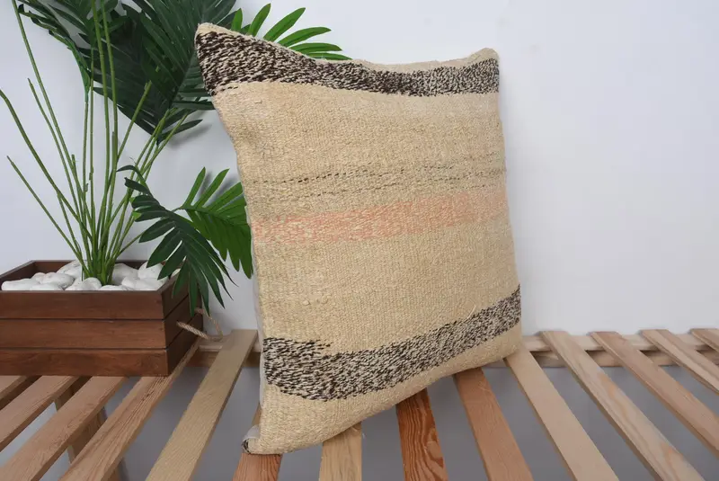 Vintage Kilim Yastığı, 20x20 Bej Yastık Örtüsü, Kanepe Yastığı Kılıfı, Boho Yastığı, Yastık Sahibi, Bahçe Yastığı Kapağı, Boho Yastık Sahibi Kapak - 4