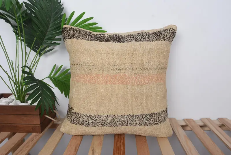 Vintage Kilim Yastığı, 20x20 Bej Yastık Örtüsü, Kanepe Yastığı Kılıfı, Boho Yastığı, Yastık Sahibi, Bahçe Yastığı Kapağı, Boho Yastık Sahibi Kapak - 1