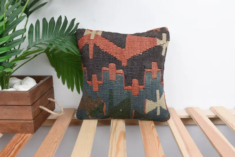 Handmade Kilim Cushion, Turkish Kilim Pillow, Pillow Case, 12x12 Red Cushion Cover, Vintage Kilim Throw Pillow, Turkish Rugs Pillow - 1