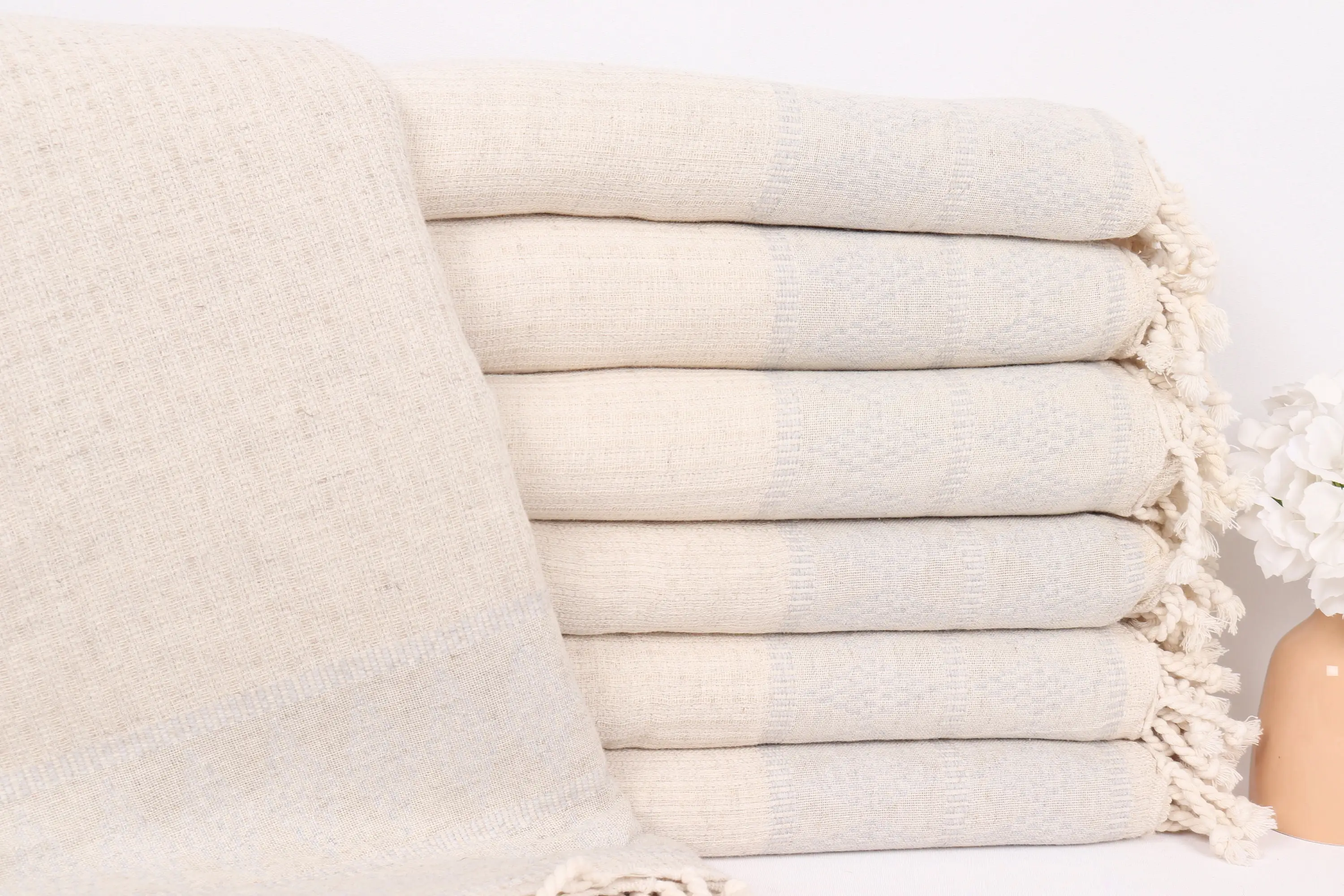 Tablecloth Kilim Design Light Gray Linen Floral Embroidered Blanket, 87x99 Inches - 1