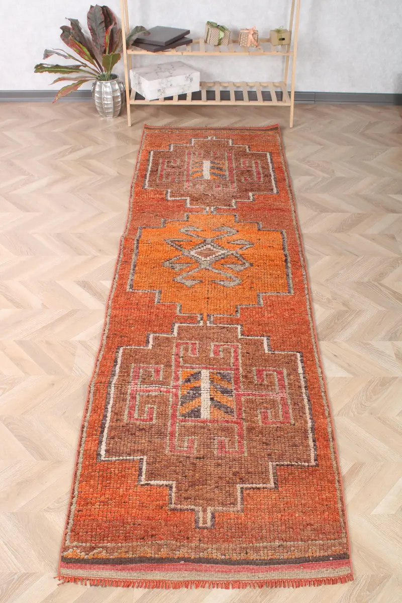 2.7x9.6 ft Turkish Vintage Rug, Runner Rug, Herki Orange Wool Rug - 1