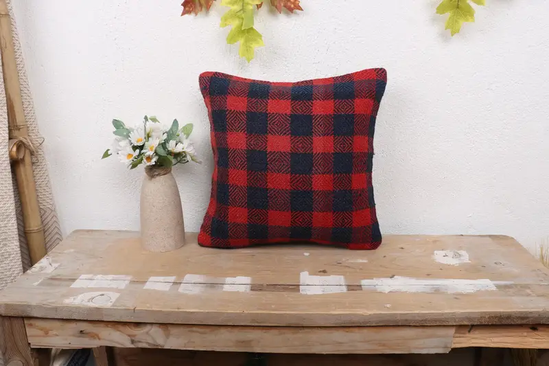 Bohemian Cushion Pillow Cover, Pillow for Sofa, Pillow Sham, 12x12 Red Cushion Case, Gift Pillow, Boho Pillow Sham Cover, Kilim Rug Pillow Sham - 1