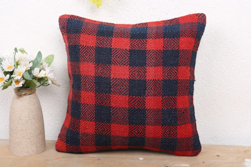 Bohemian Cushion Pillow Cover, Pillow for Sofa, Pillow Sham, 12x12 Red Cushion Case, Gift Pillow, Boho Pillow Sham Cover, Kilim Rug Pillow Sham - 2
