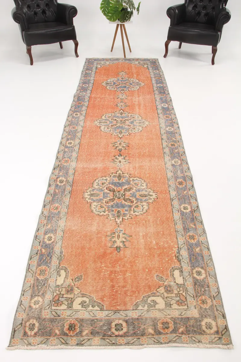 Oushak Rug, 3.2x12.5 ft Turkish Rug, Orange Animal Print Rug Wool - 1