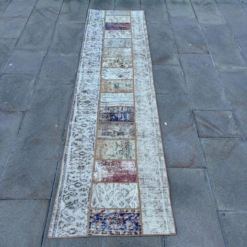 2.1x8 ft Vintage Rug, Turkish Runner Rug, White Blue Southwestern Rug - 1