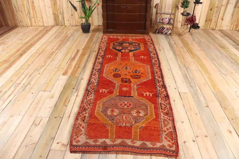 3.2x9.1 ft Halı, Vintage Herki Halı, Türk Kırmızı Yün Oryantal Halı - 1