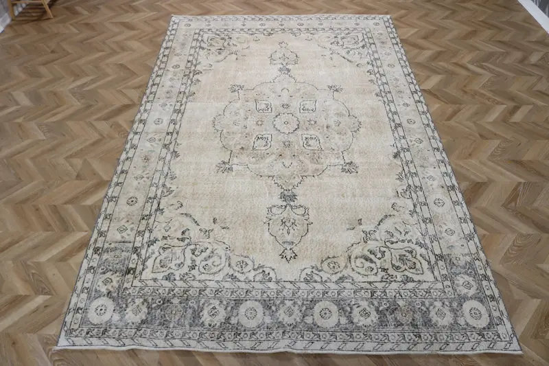 Turkish Vintage Large Rug 6.5x10.4 ft, Gray Black Abstract Rug - 1