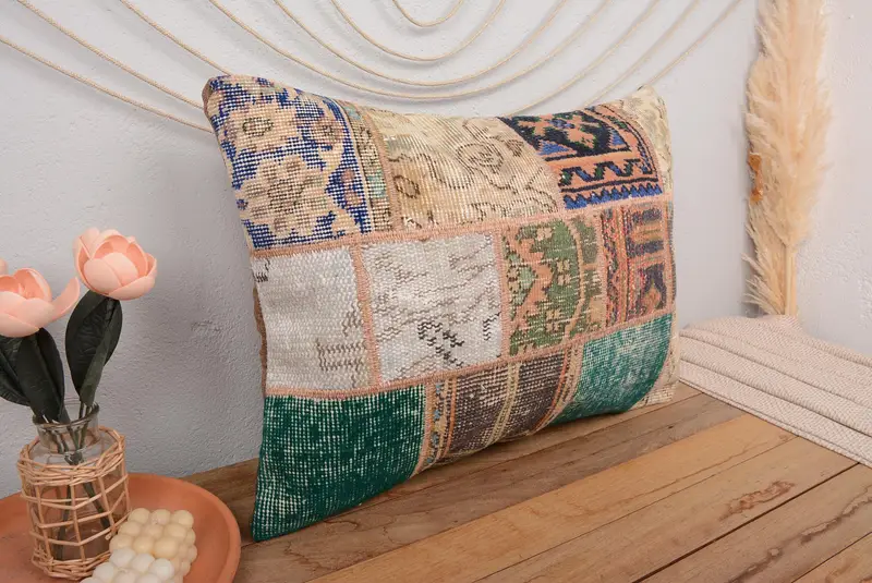 Turuncu & Yeşil Patchwork Kırlent, 20x28 El Yapımı Kırlent