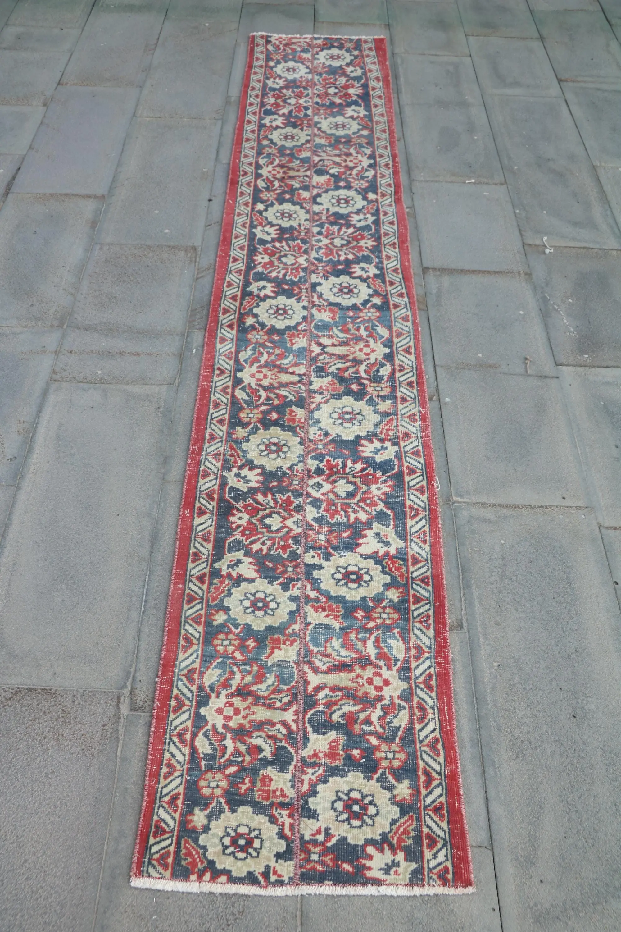 1.7x9.8 ft Runner Vintage Turkish Rug, Blue Polka dot Wool Rug - 1