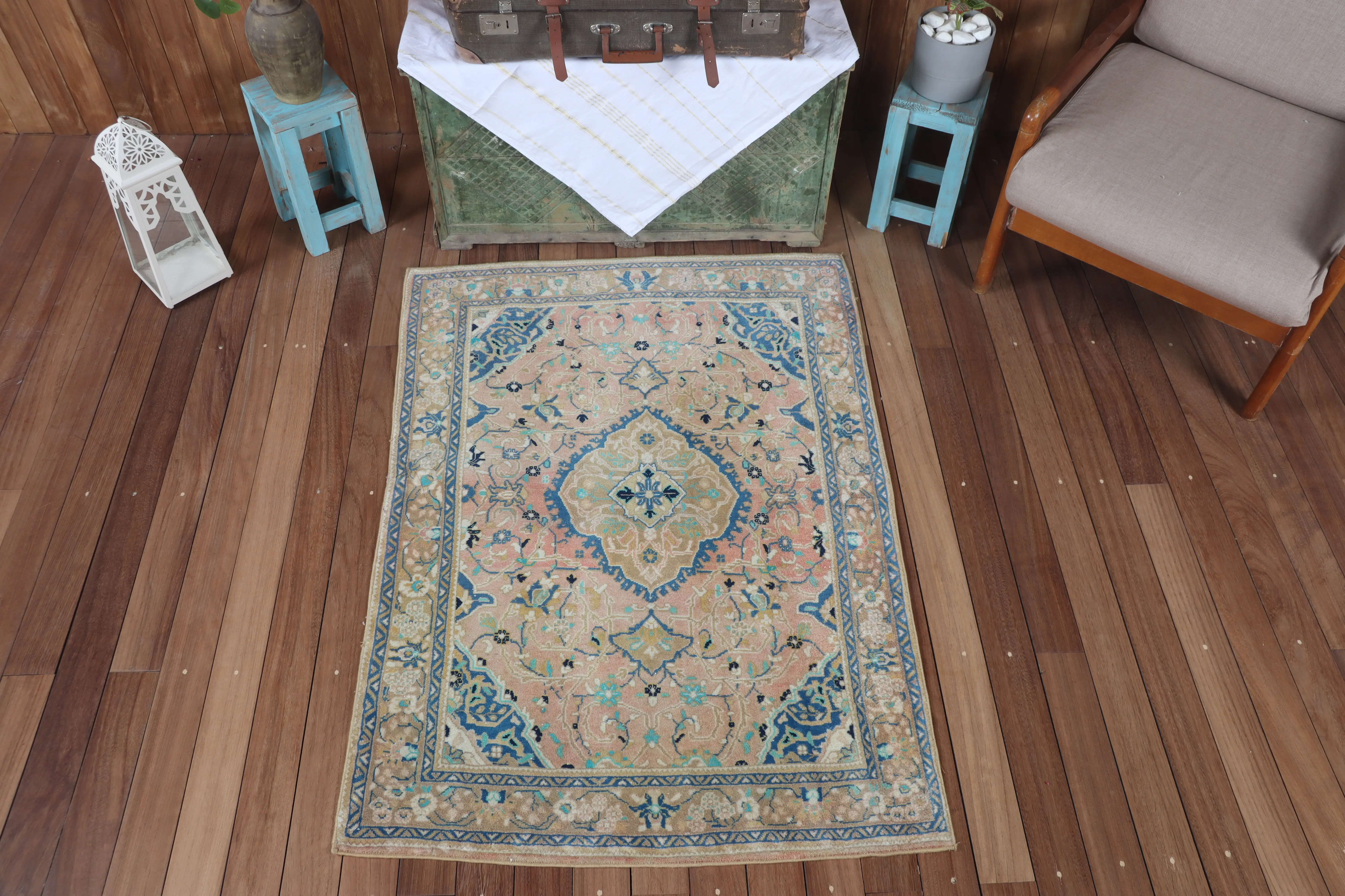 Vintage Turkish Small Rug 3.3x4.7 ft, Blue Pink Floral Rug - 1