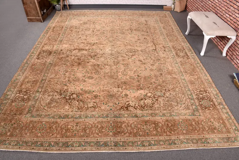 Zarif Turuncu ve Yeşil Halı, 9,4x12,9 ft İran Desenli