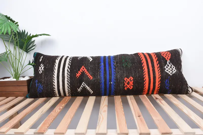 Pillow Sham, Ethnical Kilim Rug Pillow, Ikat Cushion, Vintage Kilim Pillow, 16x48 Brown Pillow Sham, Vintage Pillow, Sofa Bolster Pillow - 1
