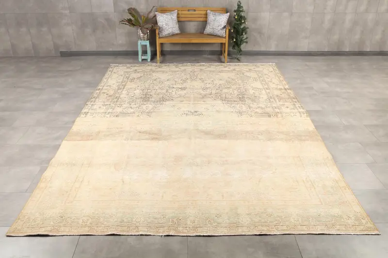 Vintage Türk Büyük Boy Halı 9.3x13.3 ft, Bej Mavi Paisley Yün Halı - 1