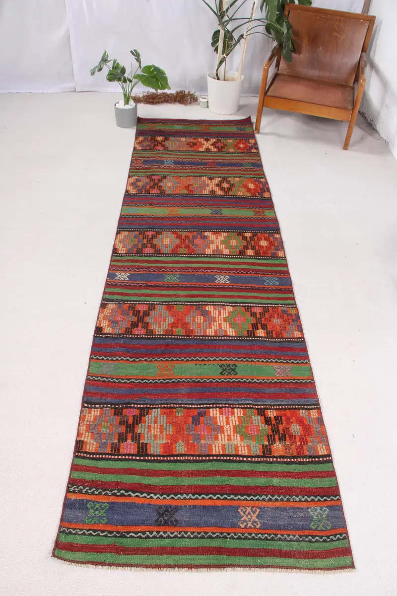 Green & Orange Check Rug, 2.7x10.1 ft Chic Decor