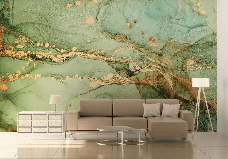 Elegante Tapete mit grünem Marmordruck: Luxuriöses zeitgenössisches Dekor