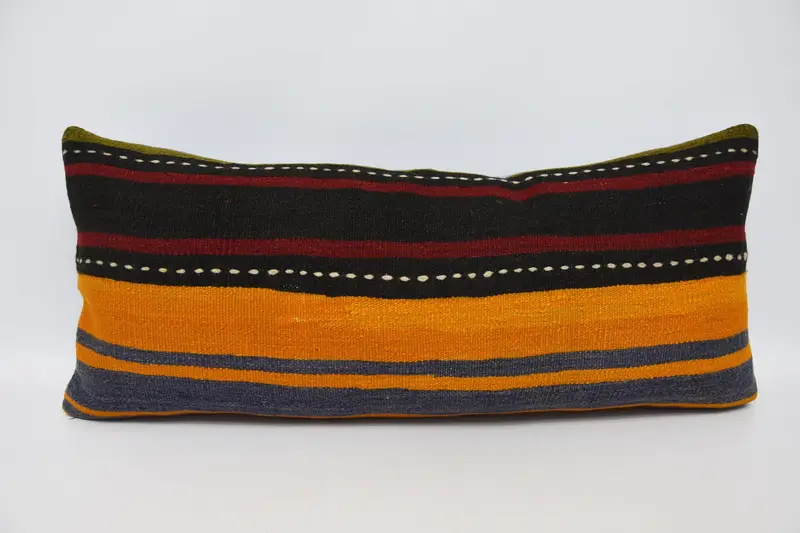 Rectangle Throw Striped Pillowcase, Orange Handwoven Gift 16x36 inch Pillow Case - 1