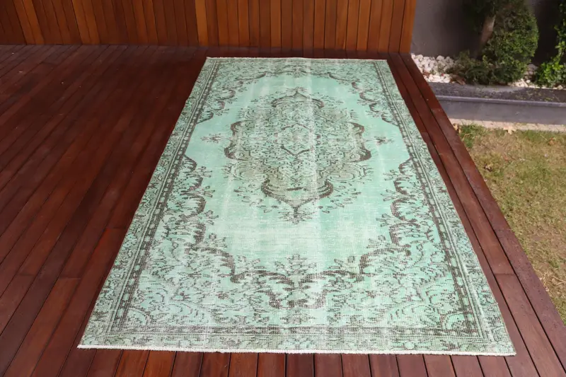 5x9.2 ft Türk Halısı, Vintage Büyük Halı, Yeşil Gri Halı - 1