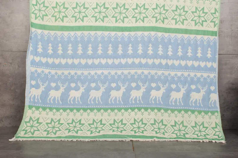 Wedding Gift Deer Towel Green-Blue Patterned Animal Towel 38x75 Inches