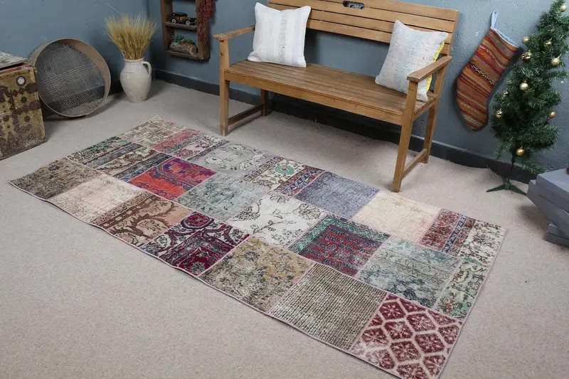 Zarif Yeşil ve Mavi Çiçekli Halı, 3,7x7,7 ft