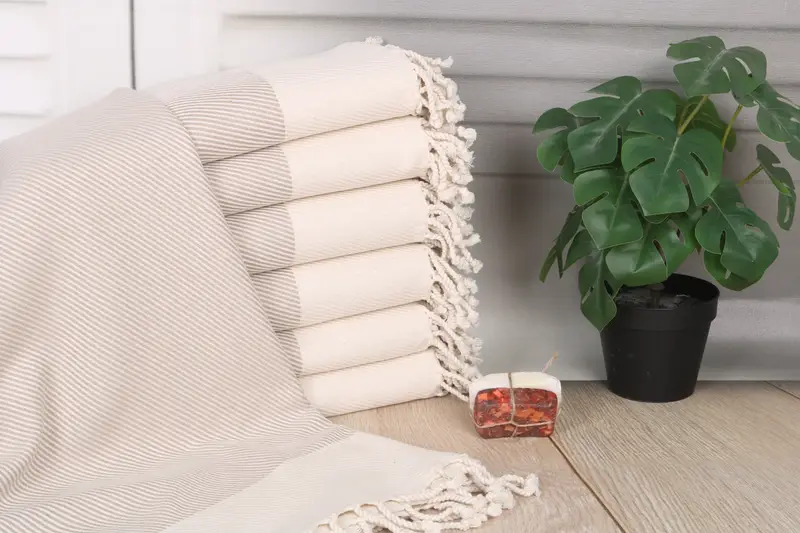 Striped Turkish Cotton Beach Towel Beige, 40x71 Inches